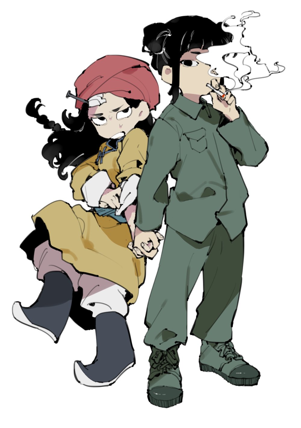 black_hair, boots, china_(nanimonothing), deel, full_body, green_pants, green_shirt, highres