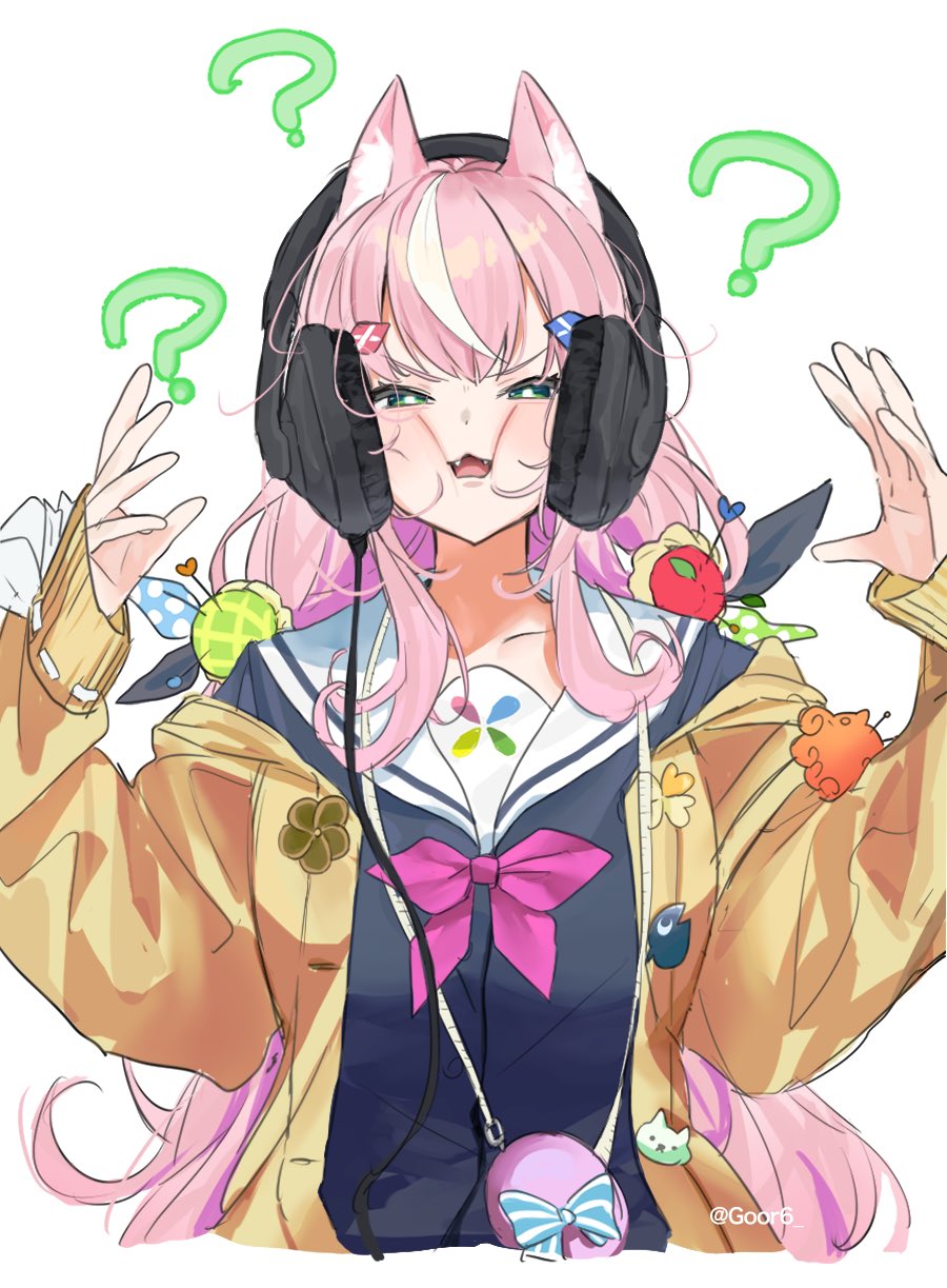 1girl, ?, ??, animal_ears, bow, cardigan, cat_ears, cat_girl