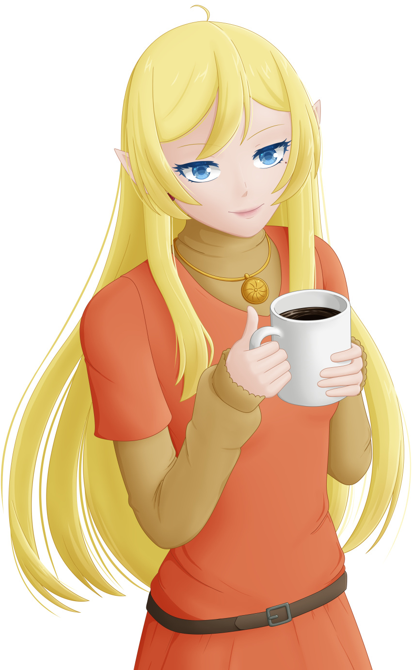 1girl, absurdres, ahoge, belt, blonde_hair, blue_eyes, brown_belt, coffee