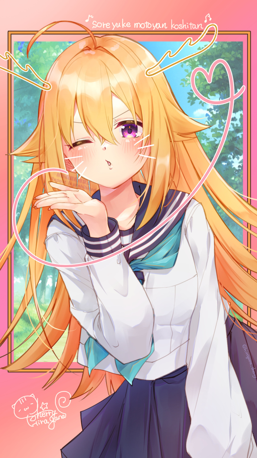 1girl, ;o, aqua_neckerchief, blonde_hair, blue_skirt, blush, hair_between_eyes, highres
