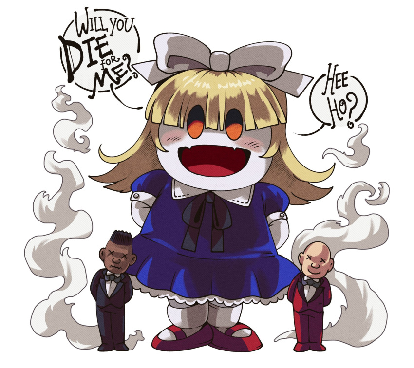 1girl, 2boys, :d, alice_(megami_tensei), alice_(megami_tensei)_(cosplay), arms_behind_back, belial_(megami_tensei), blonde_hair