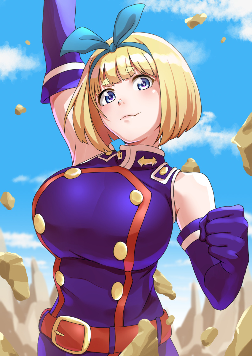 1girl, arm_up, belt, blonde_hair, blue_sky, breasts, clenched_hand, closed_mouth, clouds, commentary_request, day, dress, elbow_gloves, fang, foreshortening, gloves, highres, large_breasts, looking_at_viewer, mato_seihei_no_slave, nay_elle0921, outdoors, purple_dress, purple_gloves, red_belt, short_eyebrows, short_hair, skin_fang, sky, sleeveless, sleeveless_dress, solo, suruga_shushu, thick_eyebrows, upper_body