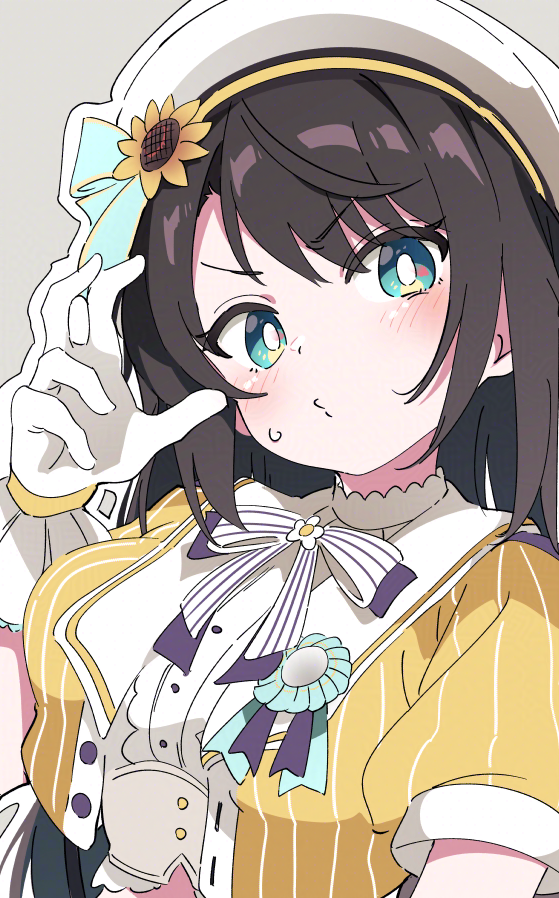1girl, beret, blue_eyes, blush, flower, grey_background, hat, hololive, ixy, looking_at_viewer, oozora_subaru, oozora_subaru_(starlight), short_hair, solo, sunflower, upper_body, virtual_youtuber, white_hat