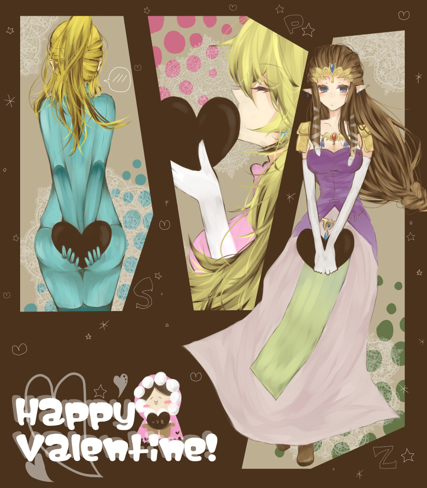 blonde_hair, blue_eyes, brown_hair, dress, earrings, gloves, happy_valentine, heart