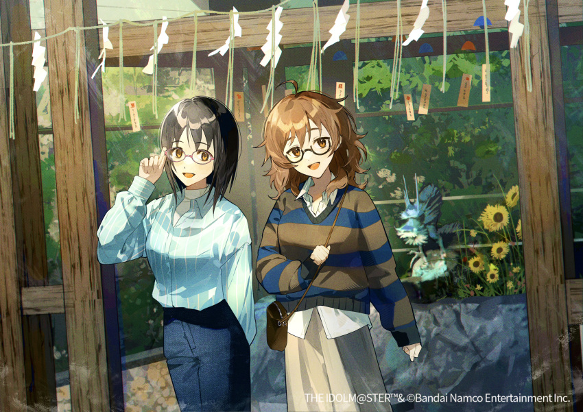 2girls, :d, absurdres, adjusting_eyewear, ahoge, araki_hina, arcobale_6, black_hair