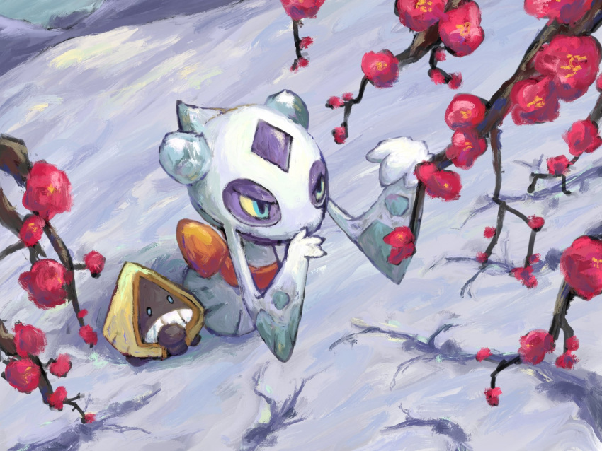1girl, blue_eyes, branch, cherry_blossoms, chinese_commentary, clenched_teeth, colored_sclera, commentary_request, evolutionary_line, froslass, highres, outdoors, panha, pokemon, pokemon_(creature), snorunt, snow, teeth, winter, yellow_sclera