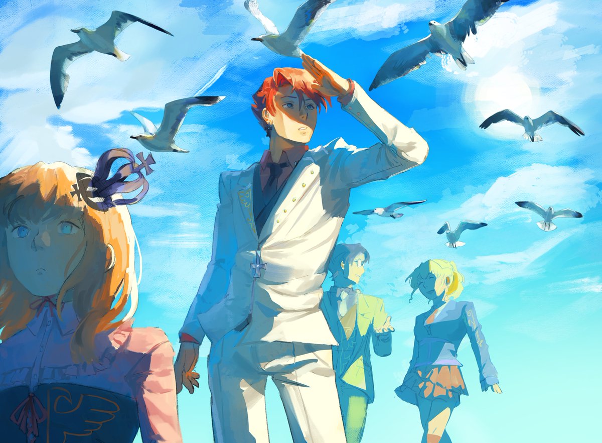 2boys, 2girls, ^_^, bird, black_necktie, blue_sky, brown_hair, closed_eyes