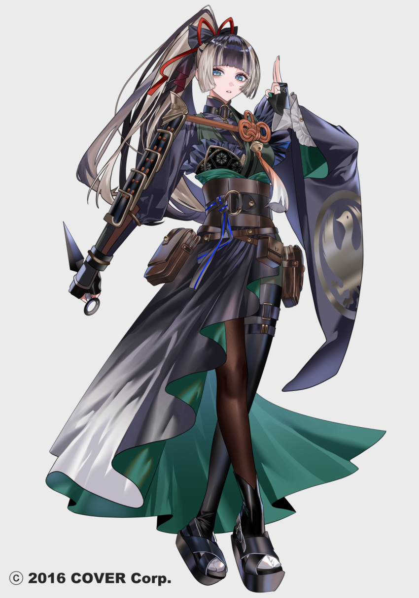 1girl, alternate_costume, alternate_hairstyle, an_d_o, armor, asymmetrical_legwear, belt, belt_pouch, black_dress, black_gloves, black_hair, black_pantyhose, blue_eyes, blunt_bangs, brown_belt, brown_corset, closed_mouth, commentary, copyright_notice, corset, dress, eyelashes, fingerless_gloves, full_body, gloves, green_dress, green_nails, grey_background, grey_hair, hand_up, high-low_dress, high_ponytail, highres, holding, holding_kunai, holding_weapon, hololive, hololive_dev_is, japanese_armor, juufuutei_raden, kuji-in, kunai, leather_belt, long_hair, looking_at_viewer, mismatched_legwear, multicolored_hair, nail_polish, official_art, okobo, pantyhose, parted_lips, platform_sandals, ponytail, pouch, sandals, shoulder_armor, simple_background, single_sode, sode, solo, standing, straight_hair, streaked_hair, two-sided_dress, two-sided_fabric, two-tone_hair, very_long_hair, virtual_youtuber, weapon, white_background, wide_sleeves