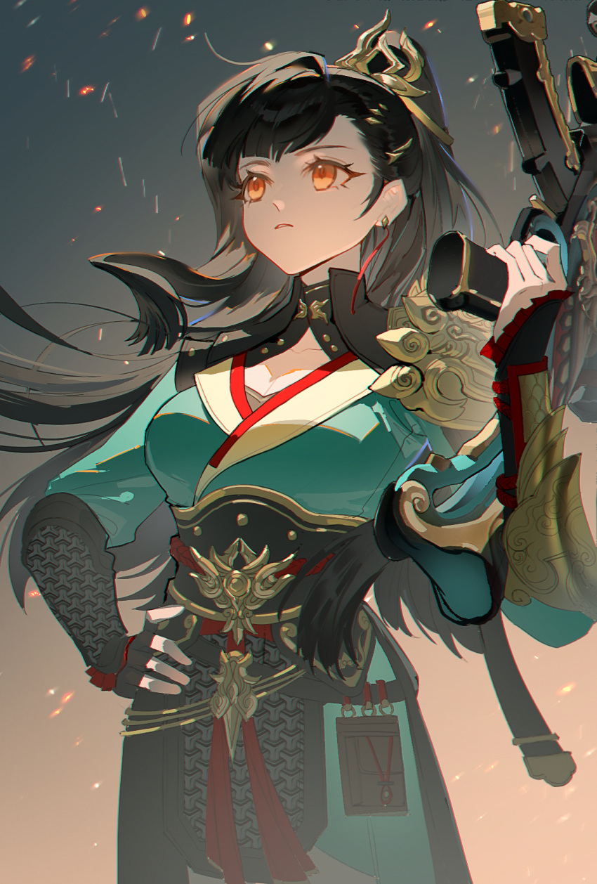 1girl, arm_armor, armor, black_hair, breasts, chinese_armor, chinese_clothes, chinese_commentary