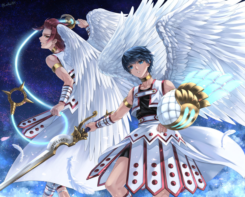 2boys, 888666, absurdres, angel, angel_wings, bike_shorts_under_skirt, black_shirt, black_shorts