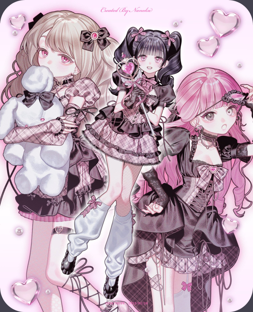 black_hair, blonde_hair, dress, frilled_dress, frills, full_body, gloves, highres, jirai_kei, lolita_fashion, looking_at_viewer, magical_girl, multiple_girls, nanoka_san, original, pink_background, pink_eyes, pink_hair, puffy_sleeves, stuffed_animal, stuffed_rabbit, stuffed_toy, topless_female, twintails