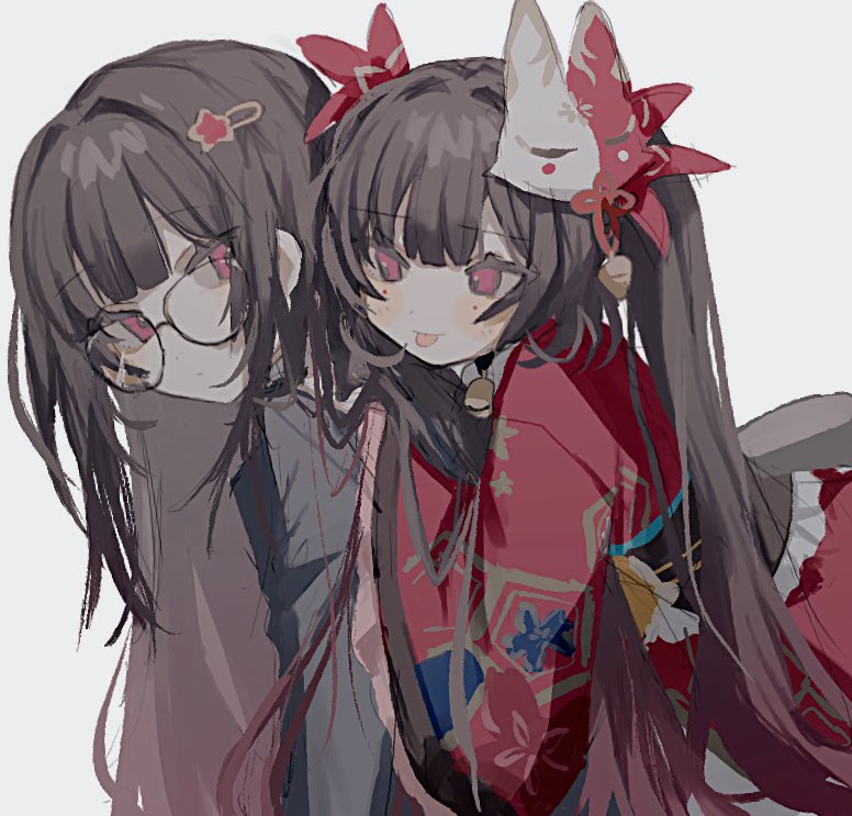 2girls, :p, bell, black_jacket, black_sash, blazer, fox_mask, glasses
