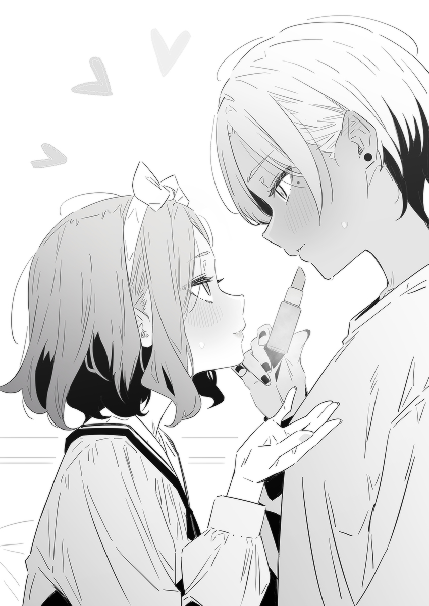 2girls, applying_lipstick, applying_makeup, blush, closed_mouth, commentary, earrings, ebizuka_tomo