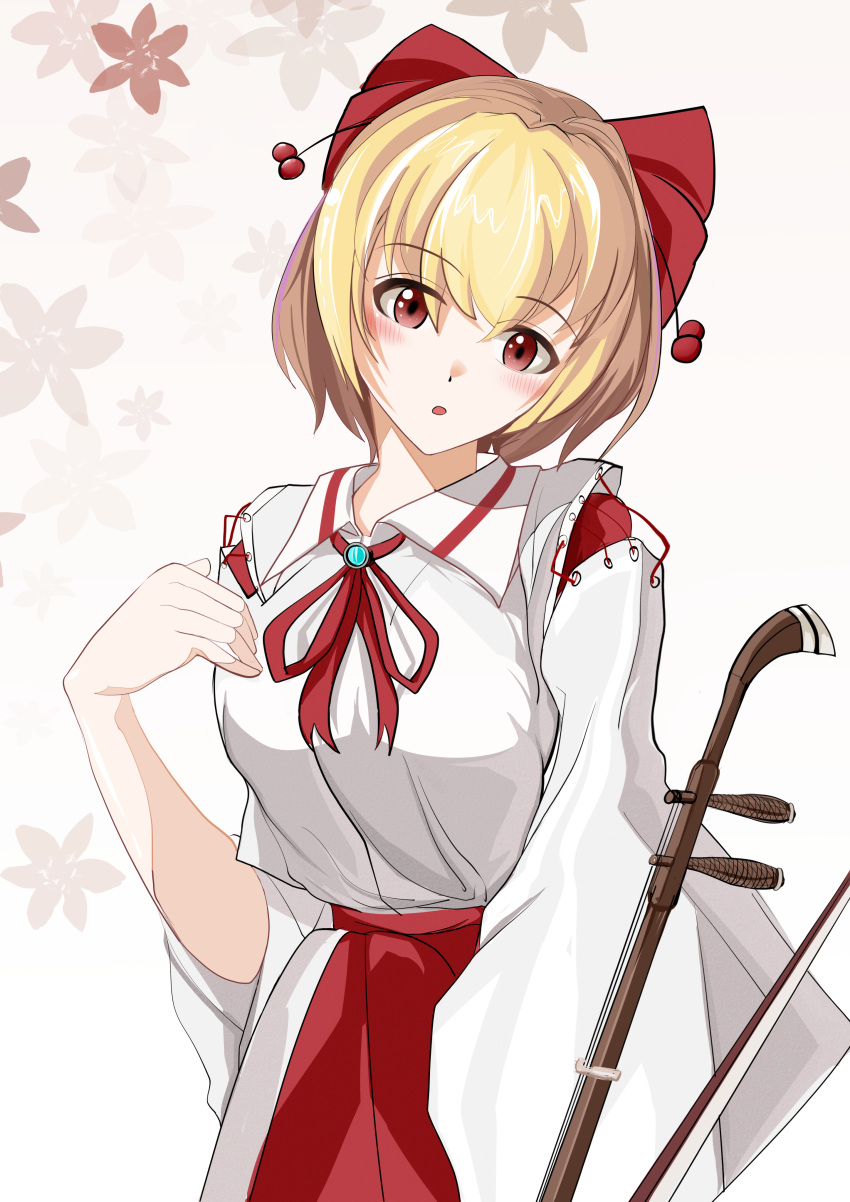 1girl, absurdres, blonde_hair, blush, bow, bowtie, chinese_commentary, commentary, detached_sleeves, dxt, erhu, flower, hair_ornament, hair_ribbon, highres, holding, holding_instrument, instrument, long_sleeves, looking_at_viewer, open_mouth, red_bow, red_eyes, red_flower, red_skirt, ribbon, satsuki_rin, shirt, simple_background, skirt, solo, touhou
