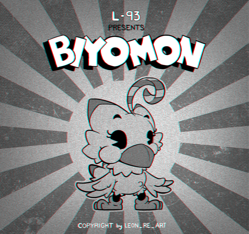 1930s_(style), beak, bird, black_eyes, character_name, digimon, digimon_(creature), greyscale