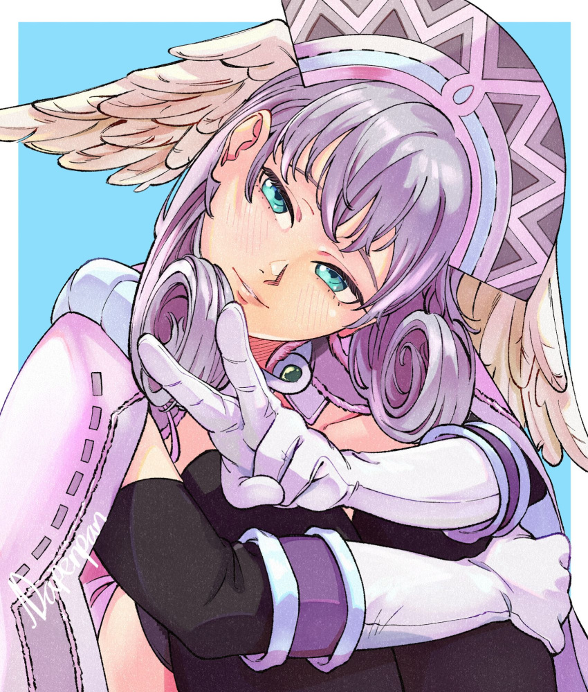 1girl, blue_background, blue_eyes, border, commentary, curly_hair, dapenpan, english_commentary