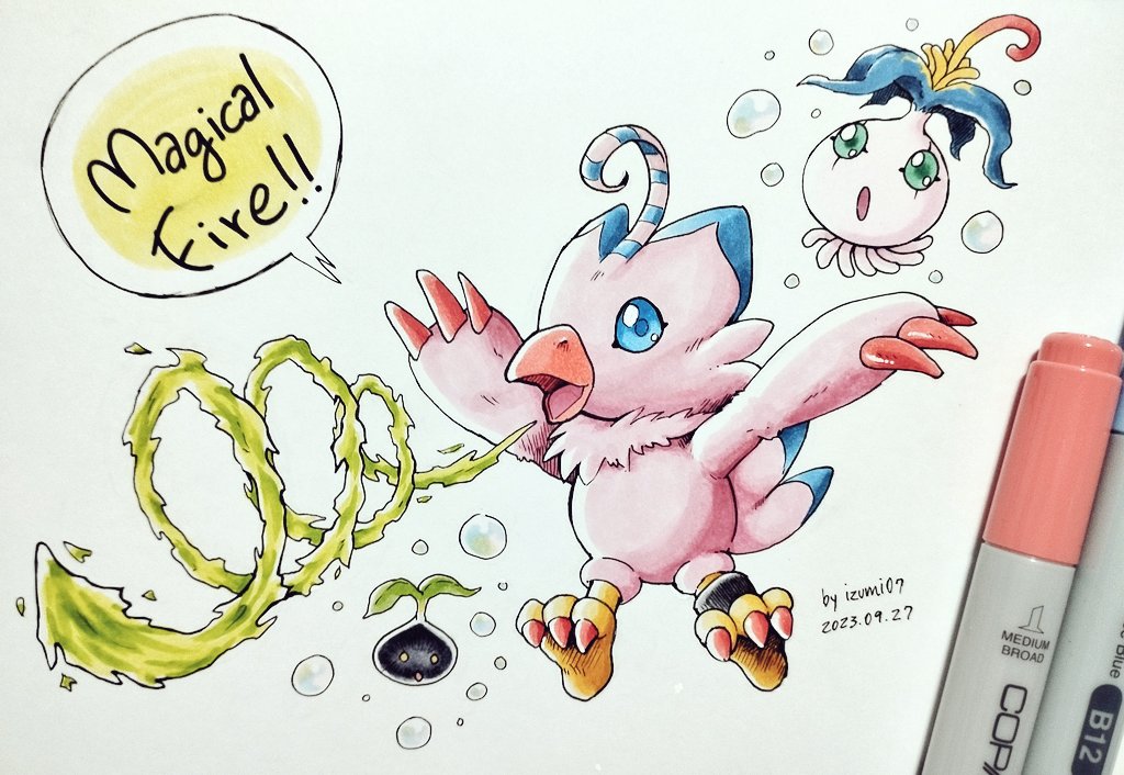 artist_name, beak, blue_eyes, breath_weapon, breathing_fire, bubble, claws, dated