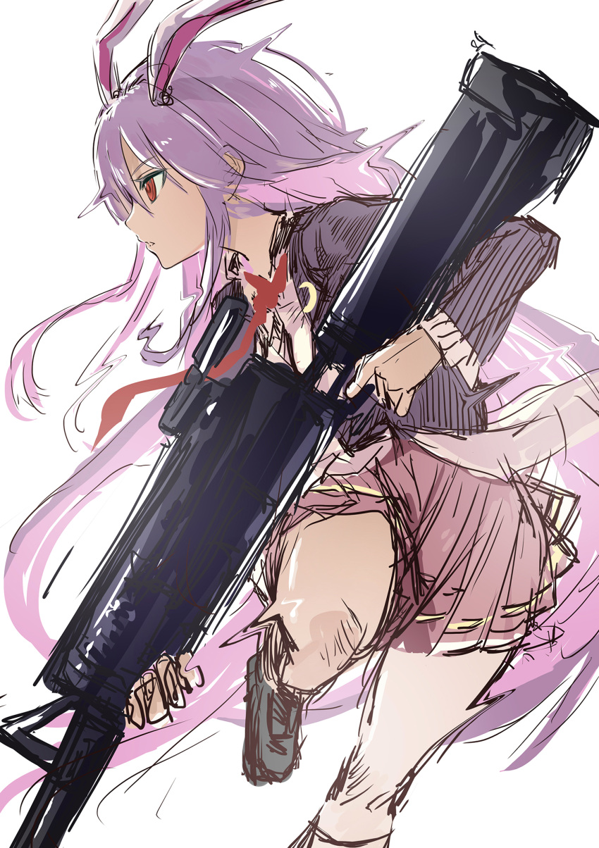 1girl, animal_ears, black_jacket, black_shoes, commentary, crescent, crescent_pin, fighting_stance
