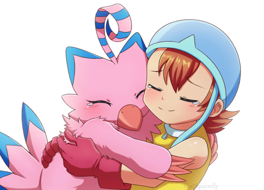 1girl, beak, brown_hair, closed_eyes, digimon, digimon_(creature), gloves, hat