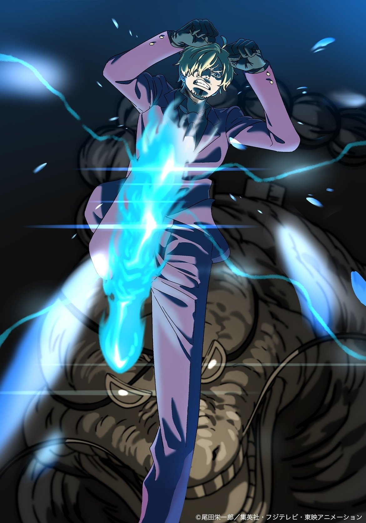 2boys, alternate_form, black_gloves, blonde_hair, blue_fire, brachiosaurus, clenched_hands, clenched_teeth