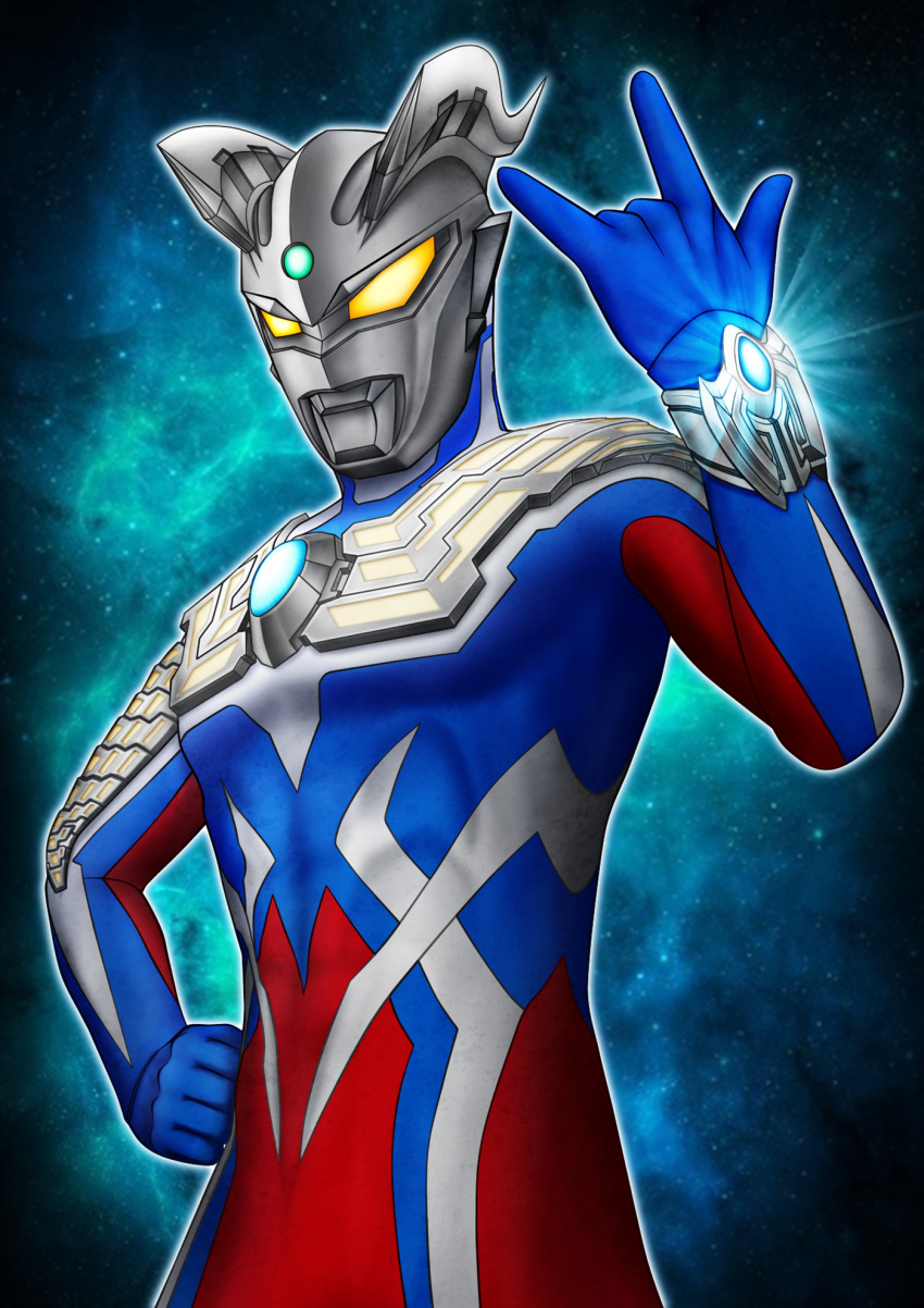 1boy, \m/, abs, alien, armor, blue_background, blue_skin, bracelet
