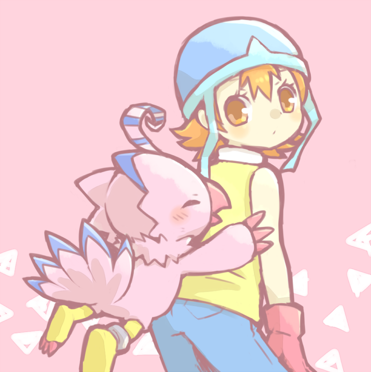 1girl, beak, blue_pants, blush, brown_eyes, brown_hair, digimon, digimon_(creature)