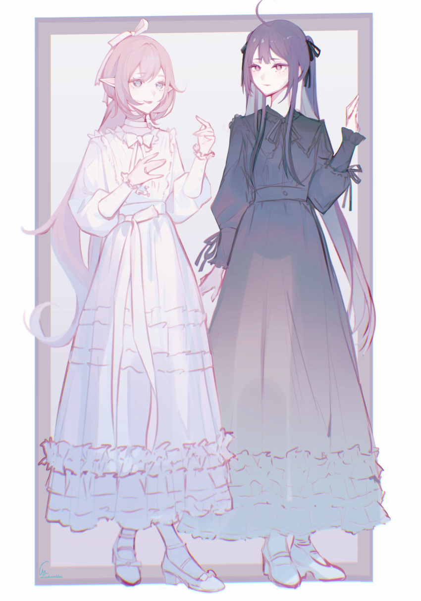 2girls, absurdres, alternate_costume, alternate_hairstyle, black_dress, black_ribbon, blue_eyes, catandcrumbles, closed_mouth, commentary, dress, elysia_(honkai_impact), english_commentary, hair_ribbon, highres, honkai_(series), honkai_impact_3rd, long_dress, long_hair, long_sleeves, multiple_girls, pink_hair, pointy_ears, purple_hair, raiden_mei, ribbon, shoes, smile, very_long_hair, violet_eyes, white_dress, white_shoes
