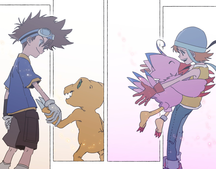 1boy, 1girl, agumon, bird, black_shorts, blue_pants, blue_shirt, brown_gloves