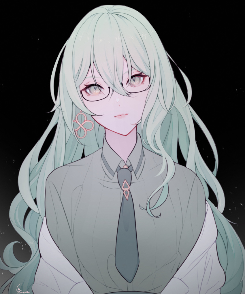 1girl, absurdres, black_background, catandcrumbles, closed_mouth, coat, collared_shirt, commentary