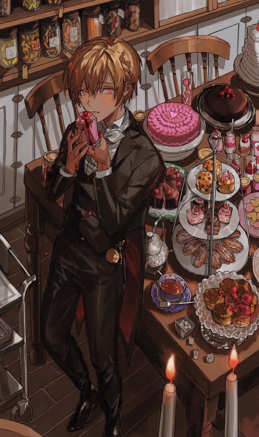 1boy, absurdres, black_jacket, black_pants, black_shoes, black_vest, blonde_hair, blush, bow, bowtie, braid, butler, butler_(nana_tetra), cake, candle, candlelight, candy_jar, cart, chair, coattails, commentary_request, cropped_jacket, cup, dark-skinned_male, dark_skin, eclair_(food), food, full_body, glass, hair_between_eyes, highres, holding, holding_cake, holding_food, indoors, jacket, looking_at_viewer, male_focus, nana_tetra, open_clothes, open_jacket, original, pants, parted_lips, plate, pocket_watch, red_eyes, shelf, shirt, shoes, short_hair, solo, standing, sugar_cube, table, tailcoat, tea, teacup, teapot, vest, watch, white_bow, white_bowtie, white_shirt, wooden_floor