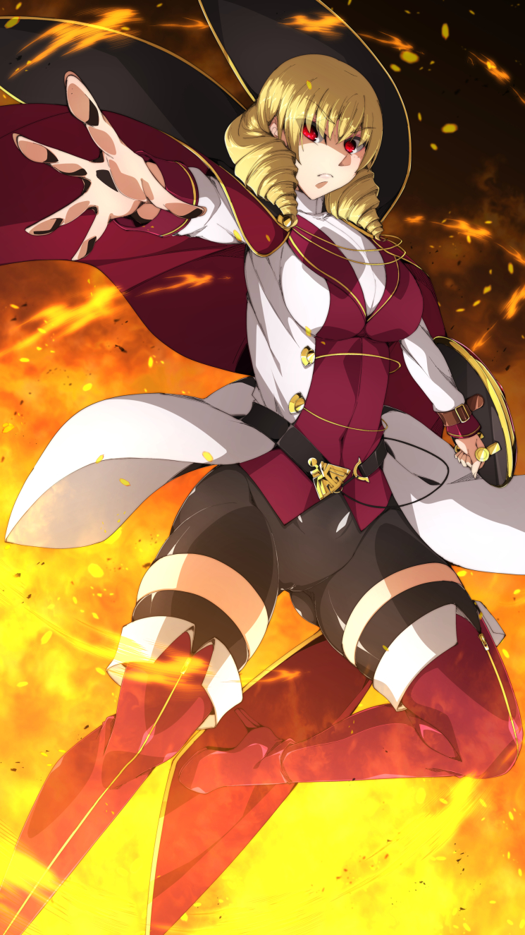 1girl, black_shorts, blonde_hair, breasts, byakkun_(byakkun8181), cape, drill_hair, erika_wagner