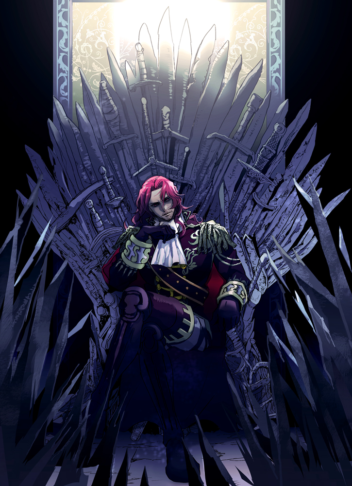 1boy, a_song_of_ice_and_fire, ascot, beard_stubble, black_gloves, boots, crossed_legs, epaulettes