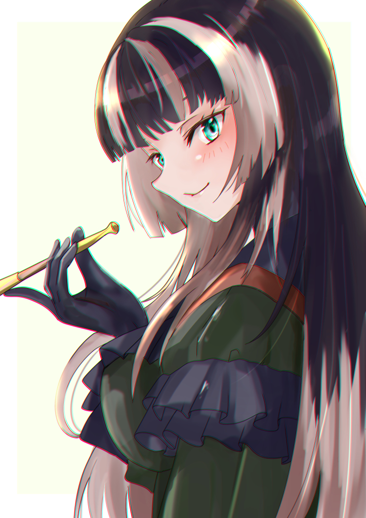 black_gloves, black_hair, blue_eyes, blush, center_frills, closed_mouth, dress, frilled_dress