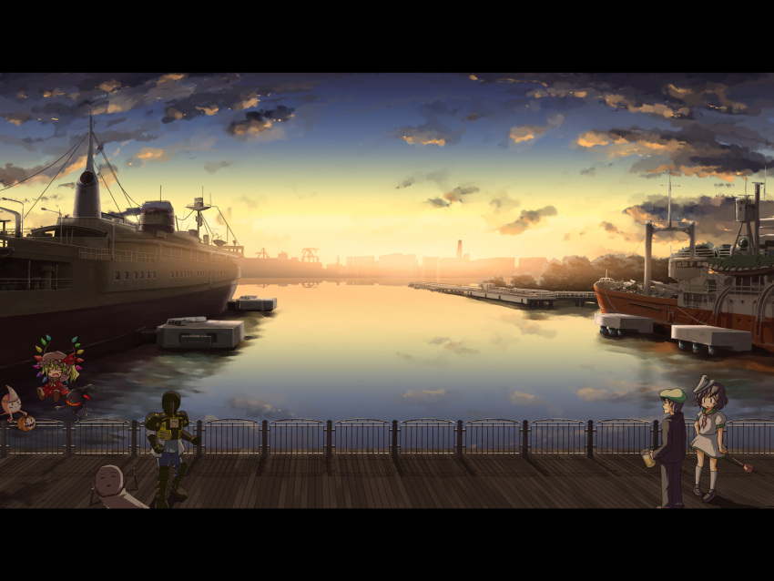 bakebake, black_hair, blonde_hair, flandre_scarlet, ghost, harbor, hat, highres