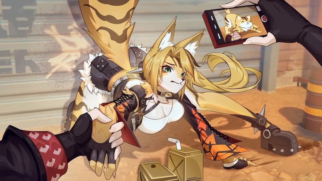 all_fours, animal_ears, burnice_white, cat, cellphone, furry, long_hair, multiple_girls