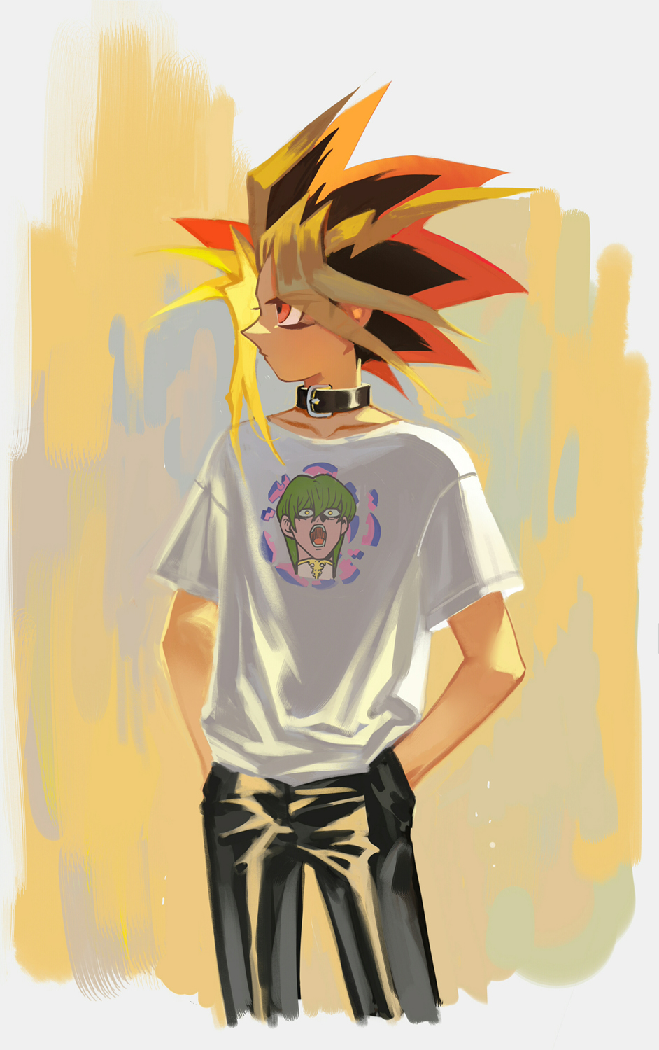 1boy, black_choker, black_hair, black_pants, blonde_hair, choker, cowboy_shot, hands_in_pockets