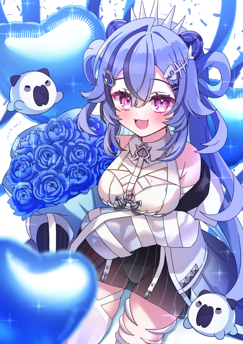 1girl, blue_flower, blue_hair, blue_rose, blush, detached_sleeves, flower, highres, long_hair, noripro, open_mouth, pink_eyes, rose, sukitou_luccica, virtual_youtuber, yobi_(yobiyobi4)