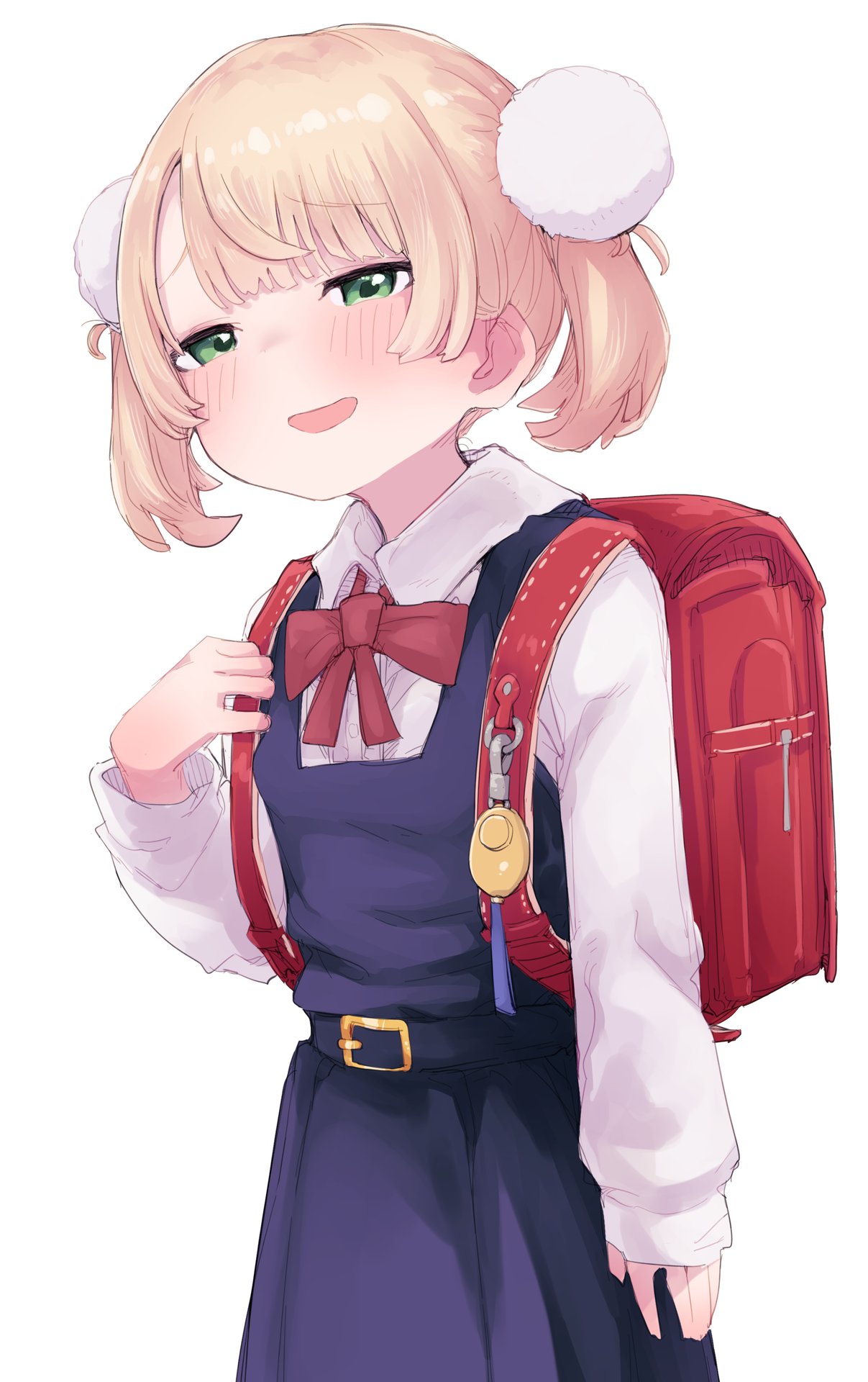 backpack, bag, black_shirt, black_skirt, blonde_hair, blush, cowboy_shot, double_bun