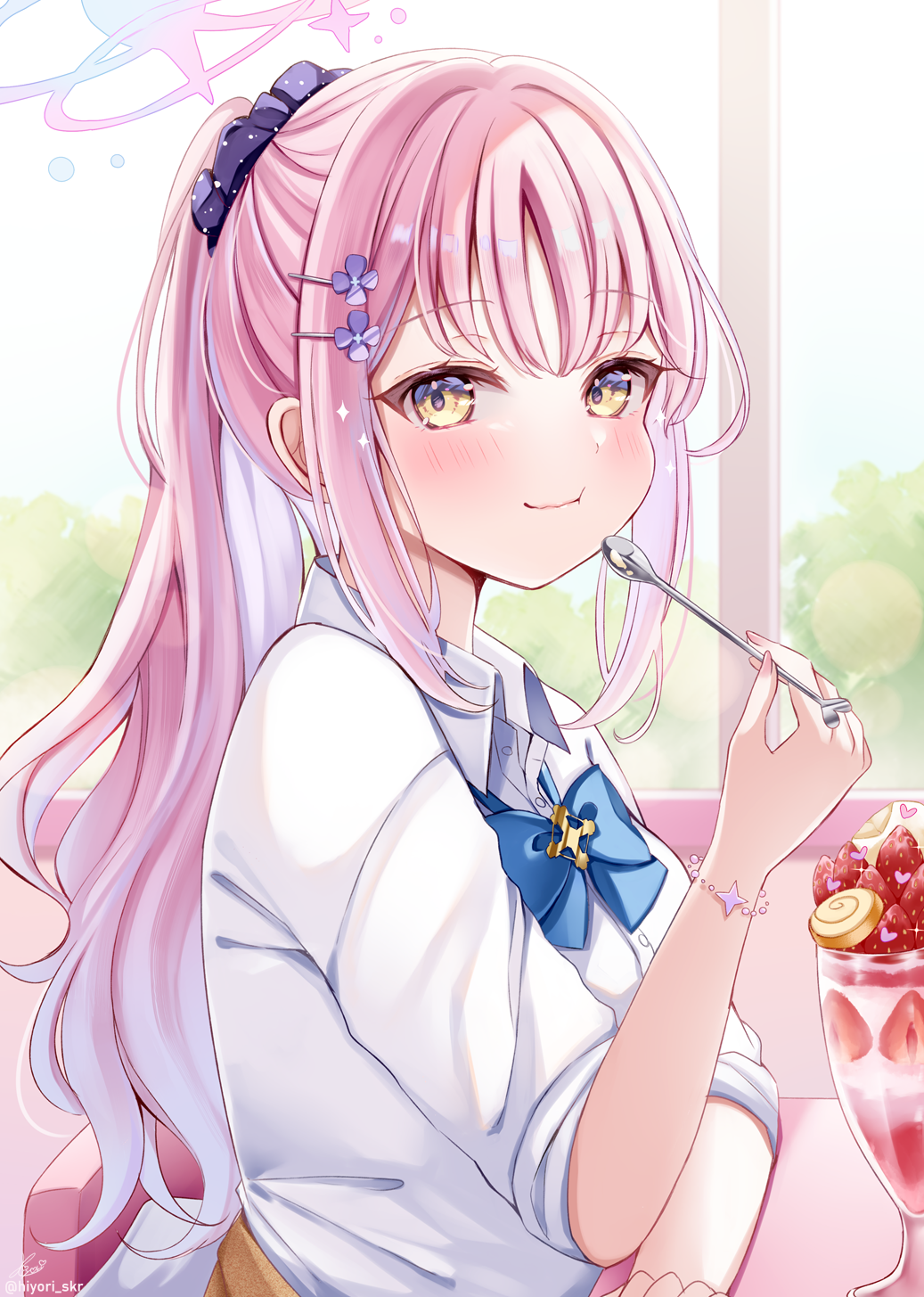 1girl, :t, alternate_costume, blue_archive, blue_bow, blue_bowtie, blue_hair, blush