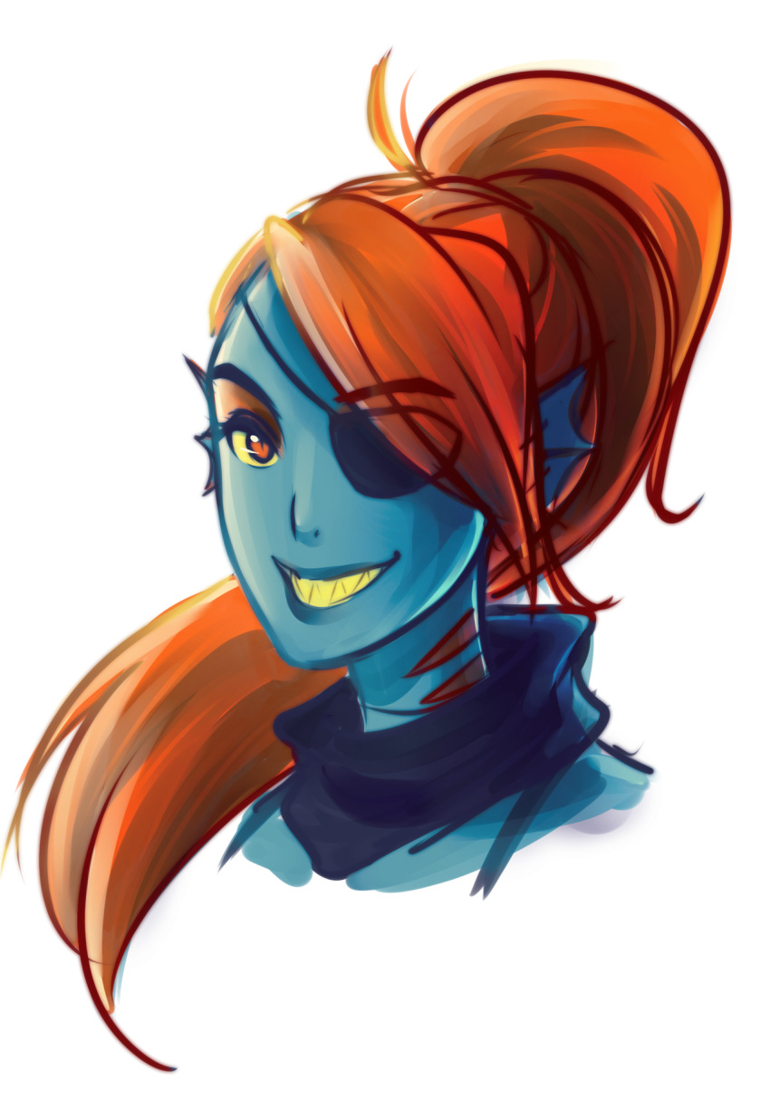 1girl, 2015, 2d, anthro, black_eyepatch, blue_skin, colored_sclera, digital_media, duplicate, ear_fins, eyepatch, female, female_only, fins, fish, fish_girl, head_fins, high_ponytail, highres, kiwa007, long_hair, making-of_available, monster, monster_girl, painttool_sai_(medium), ponytail, red_eyes, red_hair, sharp_teeth, simple_background, sketch, slit_pupils, solo, transparent_background, undertale, undyne, utdr_(toby_fox), yellow_sclera, yellow_teeth
