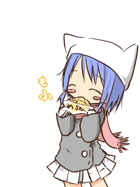 blue_hair, bread, bread_in_mouth, cat_hat, closed_eyes, eating, eyes_closed, food