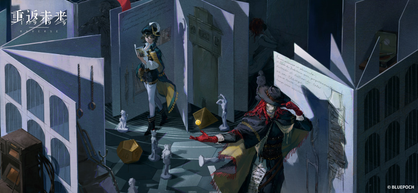 1girl, 3boys, adjusting_clothes, adjusting_headwear, aleph_(reverse:1999), bandaged_head, bandages, black_boots