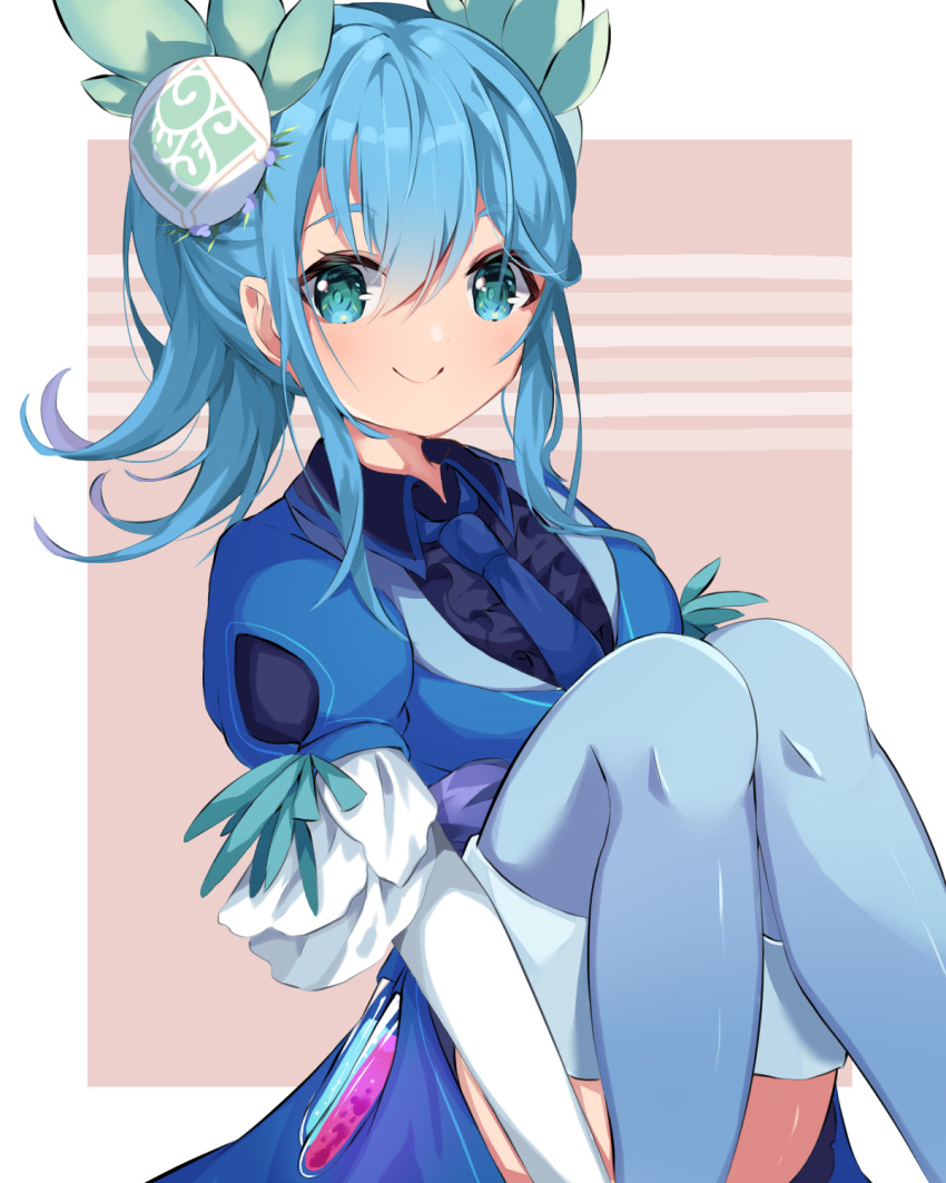 1girl, aromage_jasmine, ascot, blue_ascot, blue_eyes, blue_hair, blue_thighhighs, blush