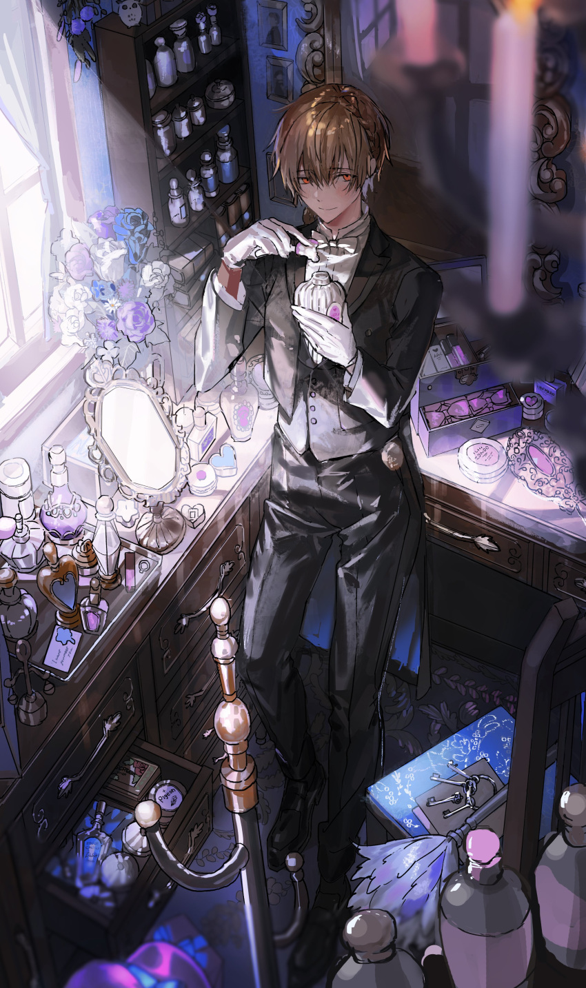 1boy, absurdres, black_jacket, black_pants, black_shoes, black_socks, black_vest, blonde_hair