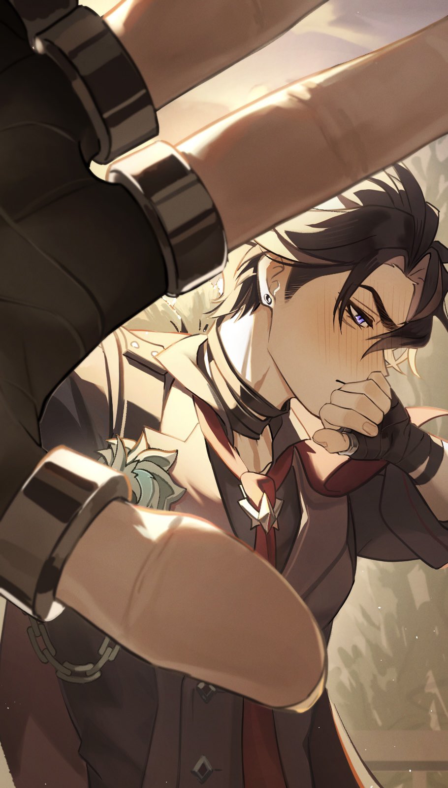 1boy, bandaged_arm, bandages, black_bandages, black_coat, black_gloves, black_hair, black_shirt