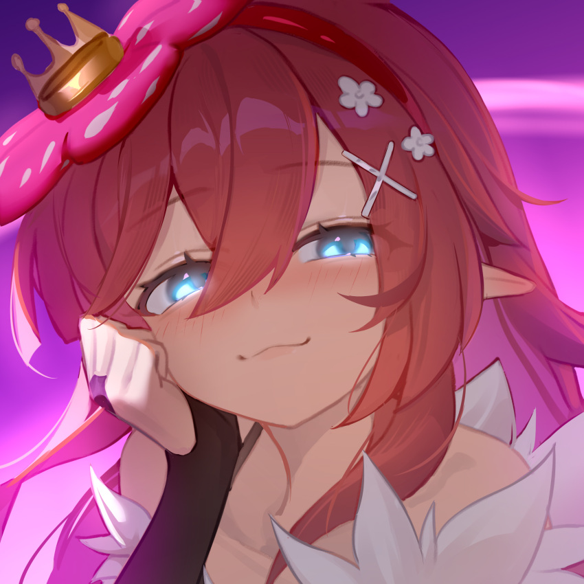 1girl, blue_eyes, blush, closed_mouth, duel_monster, flower, glowing, glowing_eyes