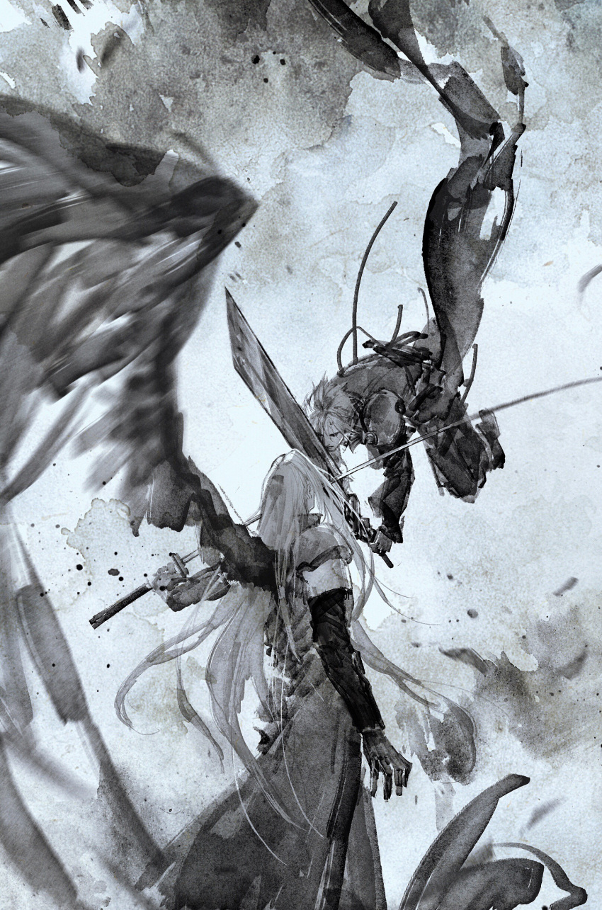 2boys, absurdres, armor, asymmetrical_hair, battle, buster_sword, cloud_strife, coat