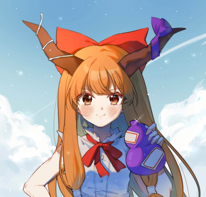 1girl, blue_sky, blush, bow, brown_horns, buttons, clouds, cloudy_sky, contrail, cumulonimbus_cloud, gourd, grin, hair_bow, hand_on_own_hip, hand_up, highres, holding, holding_gourd, horn_ornament, horn_ribbon, horns, ibuki_suika, iwakoo, light_particles, long_hair, looking_at_viewer, low-tied_sidelocks, orange_eyes, orange_hair, red_bow, red_ribbon, ribbon, shirt, sidelocks, sky, sleeveless, sleeveless_shirt, smile, solo, sparkle, straight-on, torn_clothes, torn_collar, torn_sleeves, touhou, upper_body, v-shaped_eyebrows, white_shirt