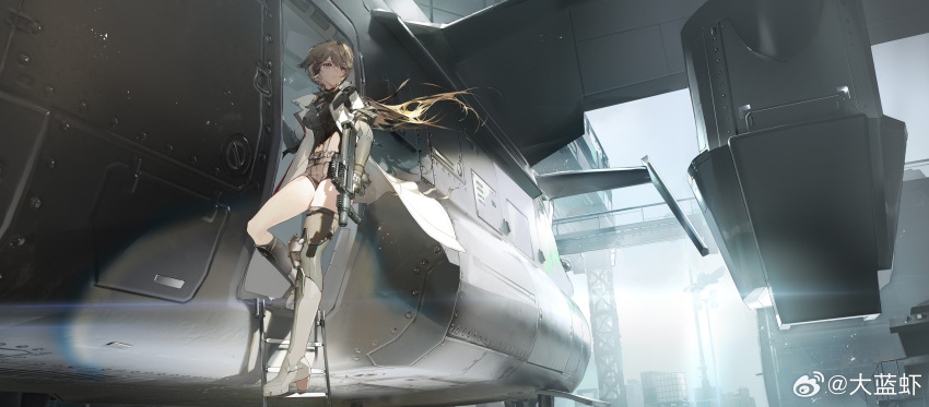 1girl, absurdres, assault_rifle, black_boots, blonde_hair, boots, bridge, brown_shorts