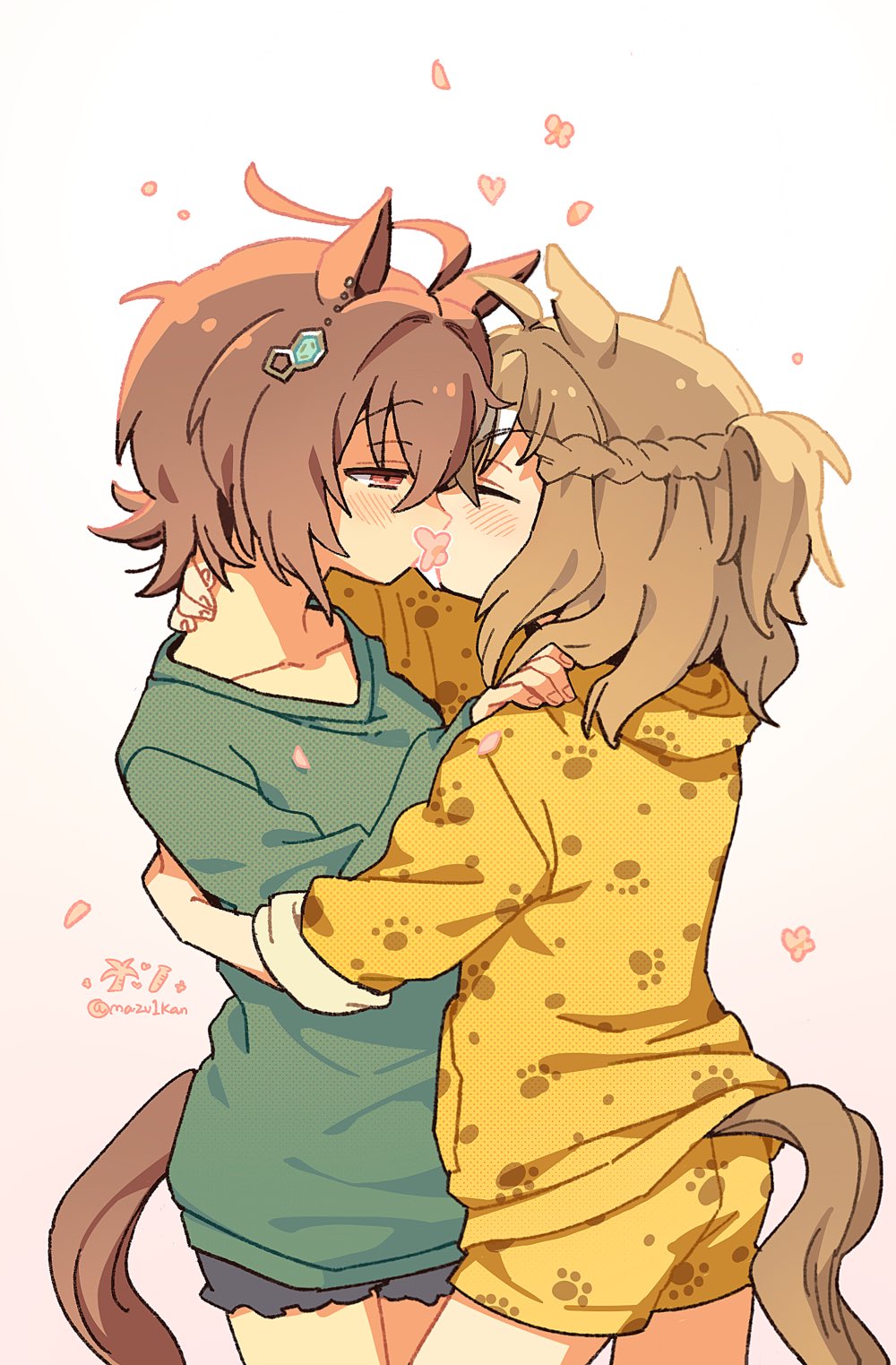 2girls, agnes_tachyon_(umamusume), ahoge, animal_ears, black_shorts, blush, brown_hair, chemical_structure